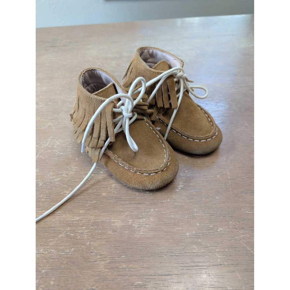 Monkey Feet Tan Suede Fringe Moccasin Boots Baby Shoes 18-24M Boho Lace Up
